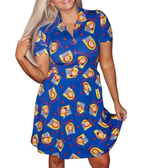 Chucky X Cakeworthy Good Guy Doll Button Up Dress Medium All Over Print - Picture 1 of 13